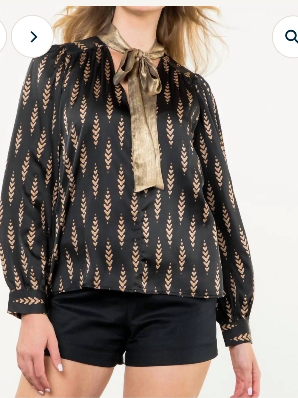 THML Shirt top Finer Things Tie Blouse Black Gold Glam Chic